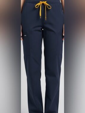 Carhartt Navy Cargo scrub pants with Yellow Drawstring